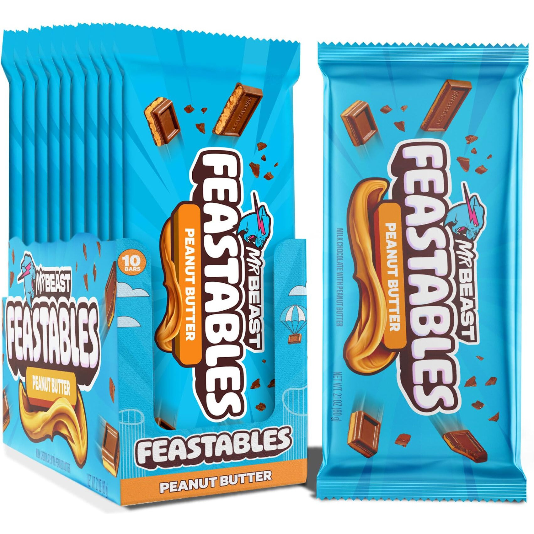 Feastables By Mrbeast Peanut Butter Milk Chocolate King Size Chocolate Bar, 2.1Oz (60G), 10 Count