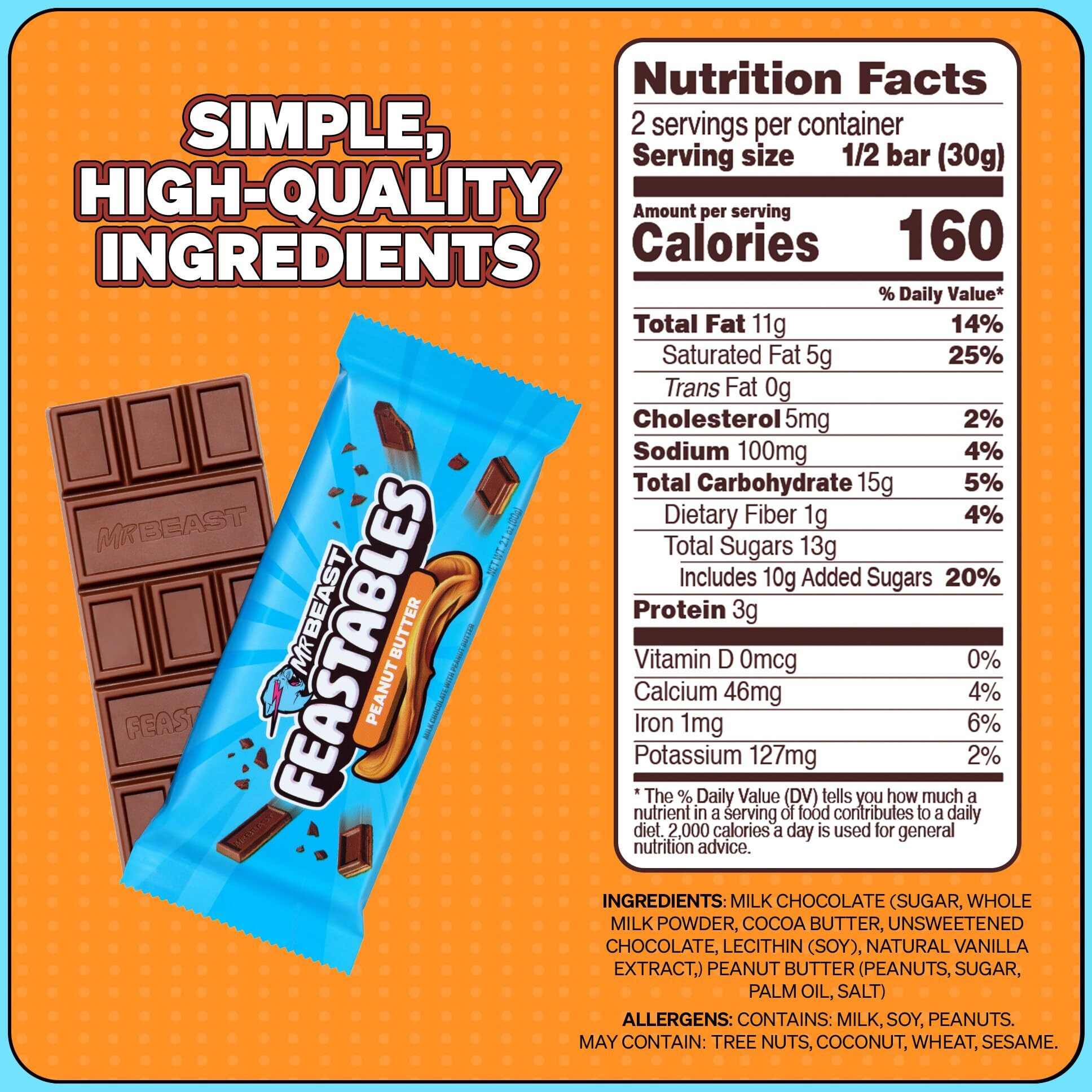 Feastables By Mrbeast Peanut Butter Milk Chocolate King Size Chocolate Bar, 2.1Oz (60G), 10 Count
