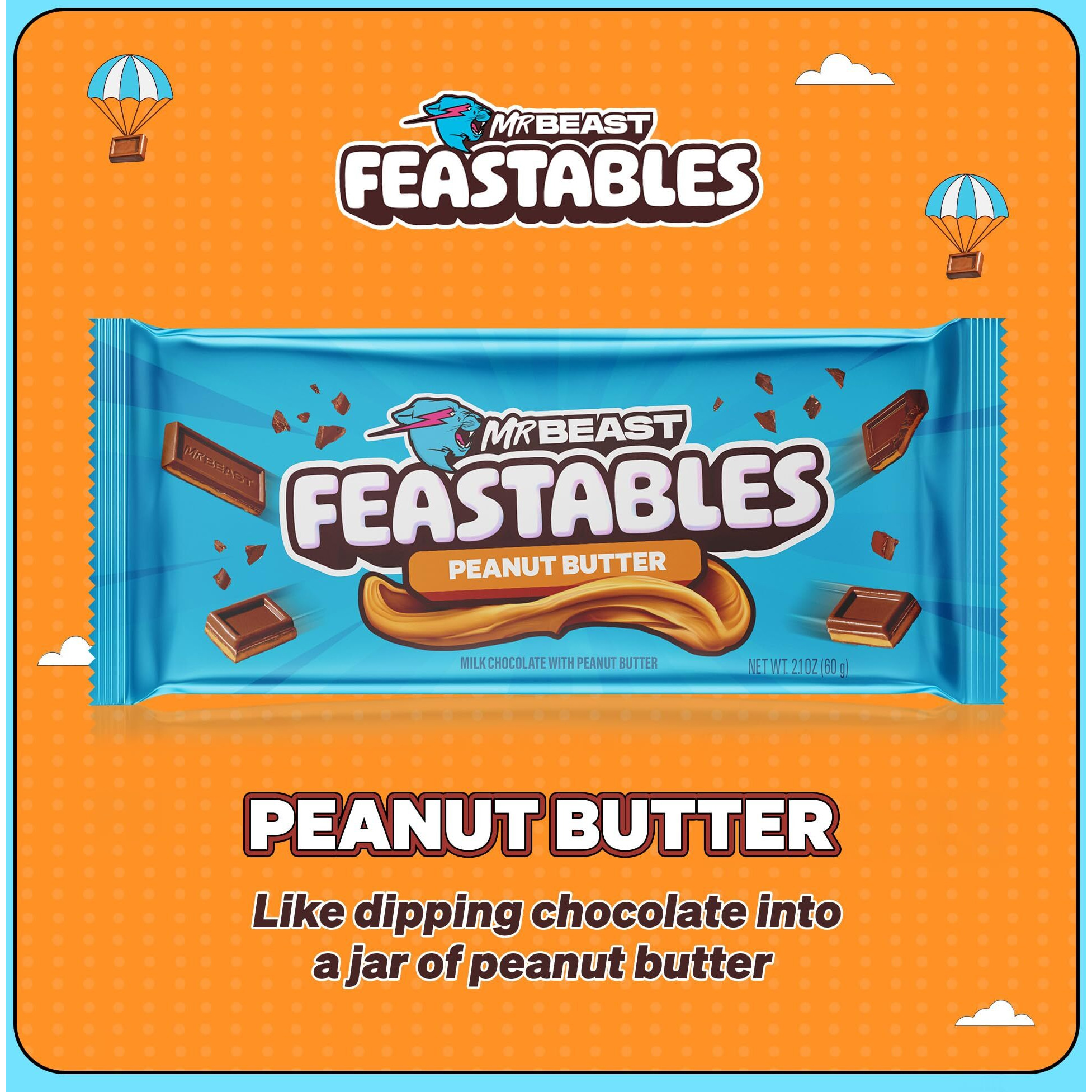 Feastables By Mrbeast Peanut Butter Milk Chocolate King Size Chocolate Bar, 2.1Oz (60G), 10 Count