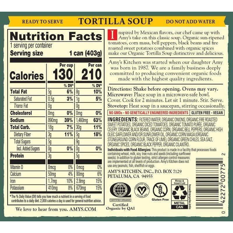 Amys Soup, Vegan Tortilla Soup, Gluten Free, Made With Fire Roasted Sweet Potatoes, Canned Soup, 14.2 Oz (12 Pack)