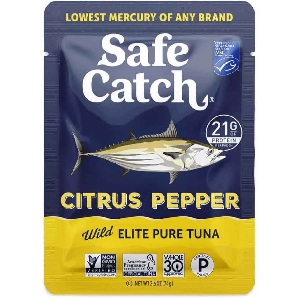 Safe Catch Elite Lowest Mercury Wild-Caught Tuna Pouch Citrus Pepper Seasoned Fish, Gluten-Free, Paleo, Keto, Non-Gmo, High Protein Food, 2.6Oz Packets, Pack Of 12