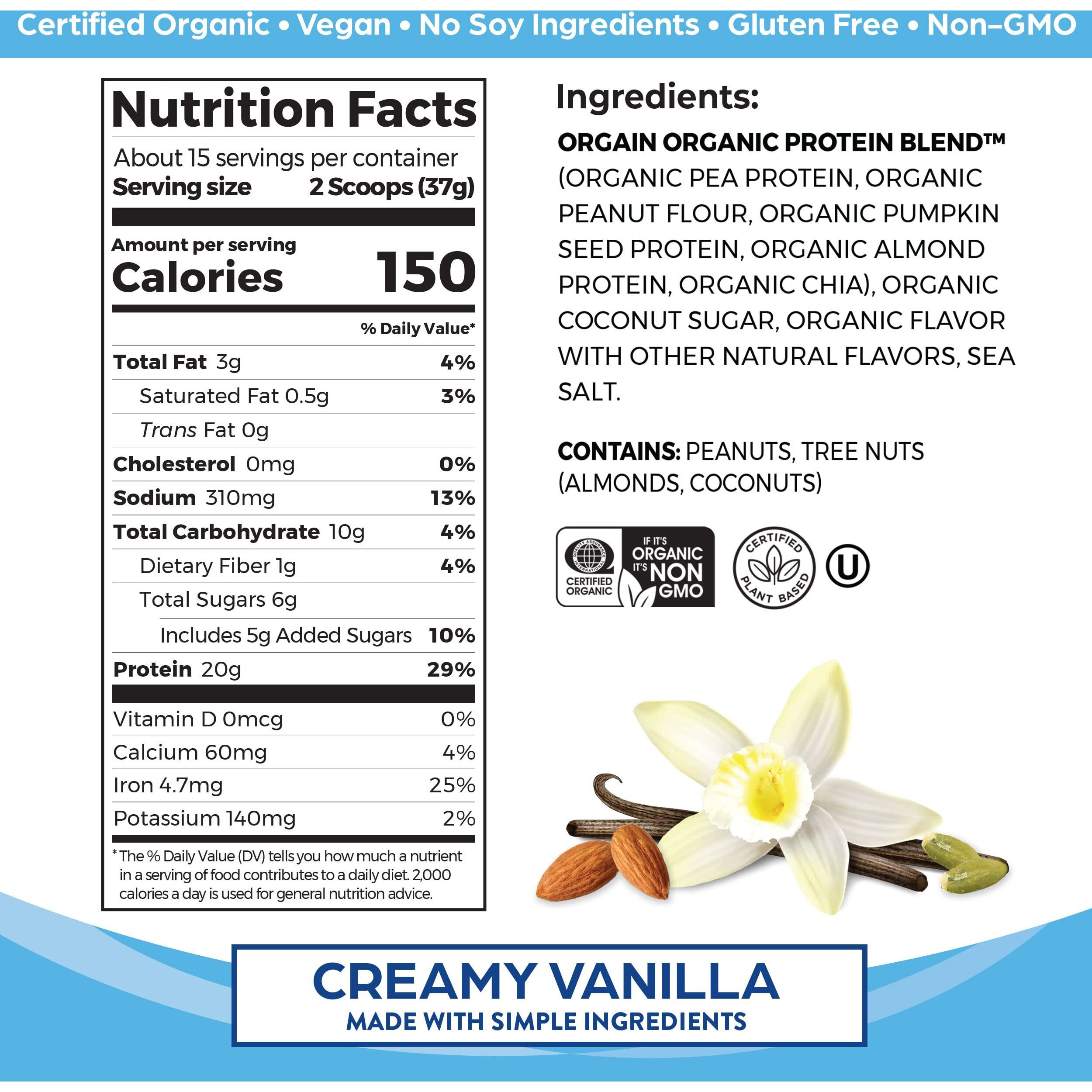 Orgain Simple Organic Vegan Protein Powder, Vanilla - 20G Of Plant Based Made With Fewer Ingredients And Without Dairy, Gluten And Stevia, Kosher, Non-Gmo, 1.25 Lb (Packaging May Vary)
