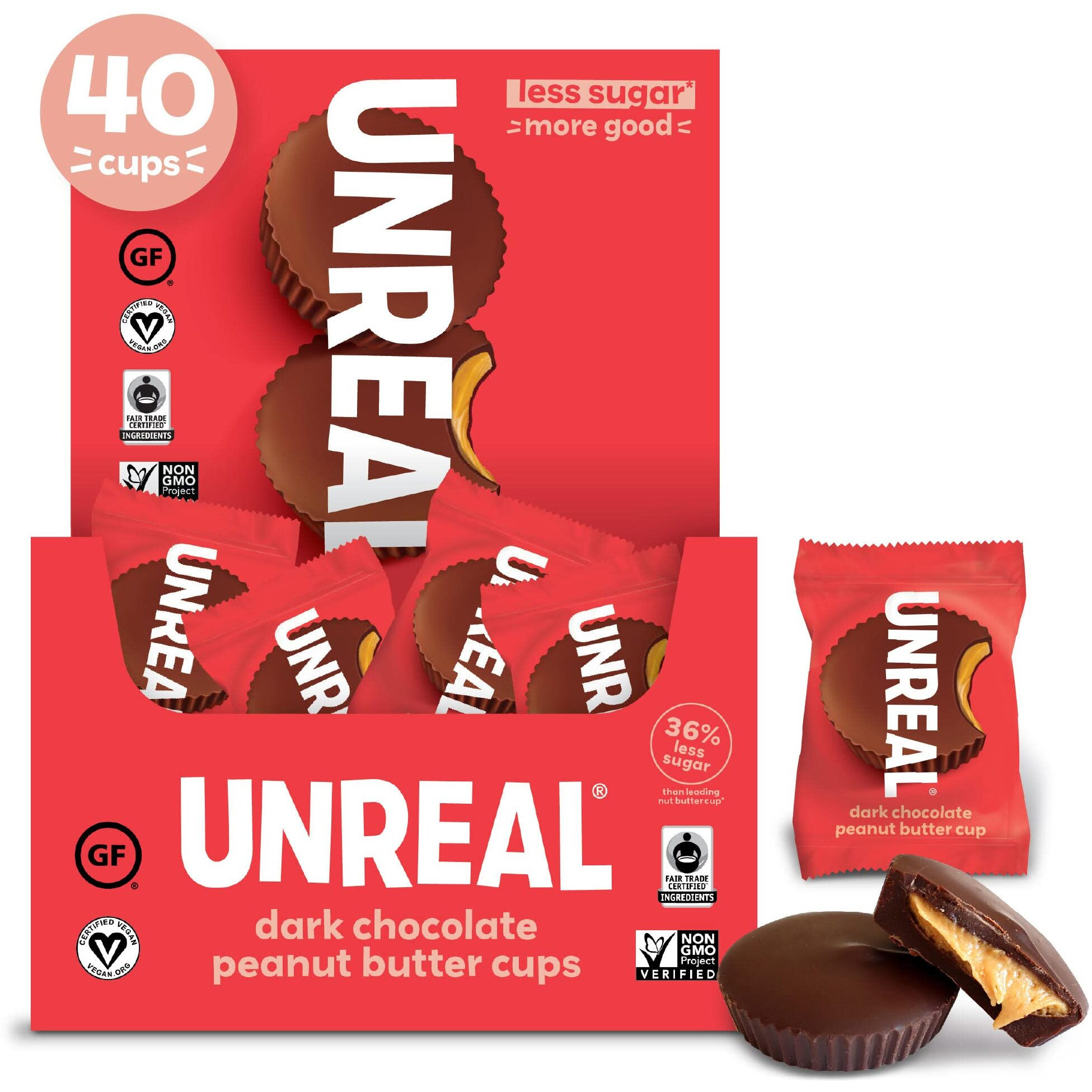 Unreal Dark Chocolate Peanut Butter Cups | Vegan, Gluten Free, Less Sugar | 40 Cups