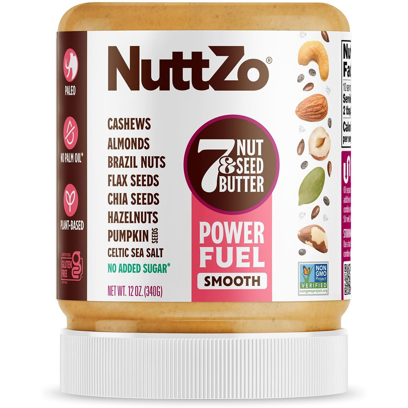 Nuttzo Natural Power Fuel Smooth 7 Nuts & Seeds Butter Spread | Paleo And Keto Friendly | Peanut & Gluten Free, Kosher, No Added Sugar Or Oil | 12 Oz Jar