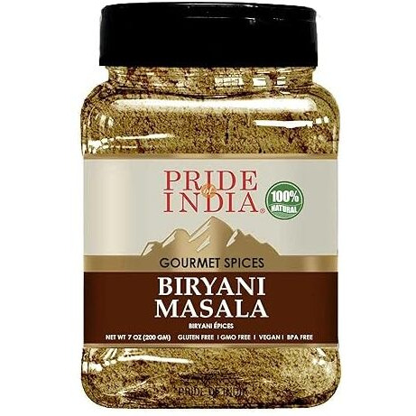 Pride Of India - Indian Biryani Masala Seasoning Spice - 7 Oz. Medium Dual Sifter Jar - Easy To Use - Ideal For Layered Vegetable And Meat Pilaf - Suitable For Vegetarians & Vegans