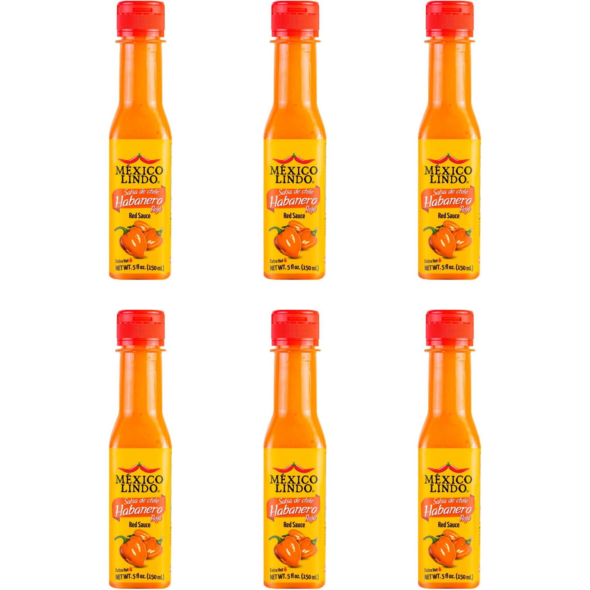 Mexico Lindo Red Habanero Hot Sauce | Real Red Habanero Chili Pepper | 78,200 Scoville Level | Enjoy With Mexican Food, Seafood & Pasta | 5 Fl Oz Bottles (Pack Of 6)