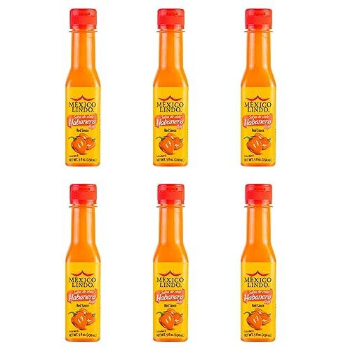 Mexico Lindo Red Habanero Hot Sauce | Real Red Habanero Chili Pepper | 78,200 Scoville Level | Enjoy With Mexican Food, Seafood & Pasta | 5 Fl Oz Bottles (Pack Of 6)