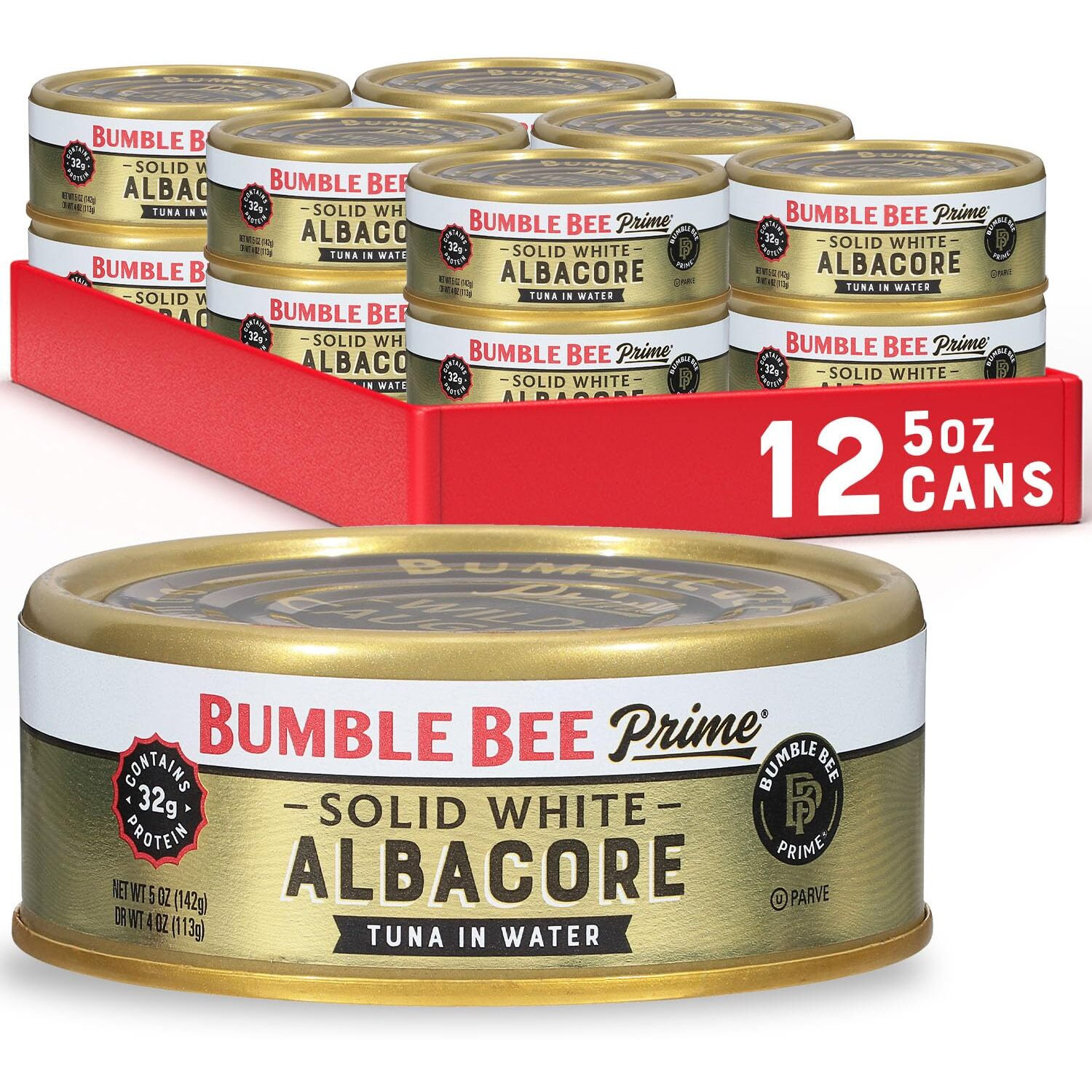 Bumble Bee Prime Solid White Albacore Tuna In Water, 5 Oz Cans (Pack Of 12) - Premium Wild Caught Tuna - 32G Protein Per Serving - Non-Gmo Project Verified, Gluten Free, Kosher