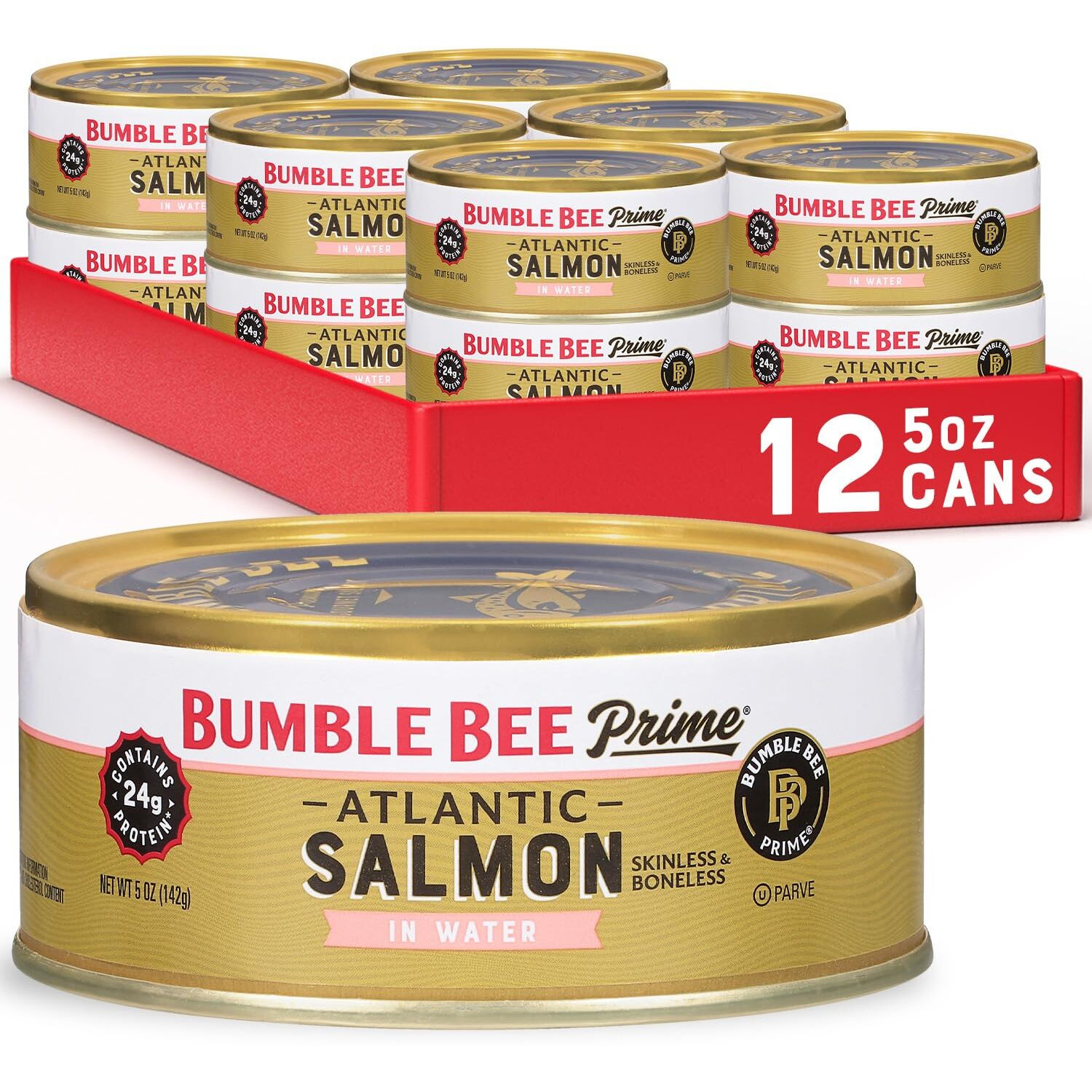 Bumble Bee Prime Atlantic Salmon, 5 Oz Cans (Pack Of 12) - Premium Salmon - 24G Protein Per Serving - Gluten Free & Kosher