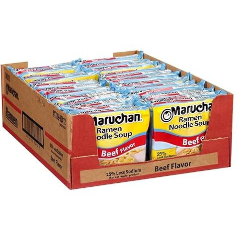 Maruchan Ramen Less Sodium Beef, Instant Ramen Noodles, Ready To Eat Meals, 3 Oz, 24 Count