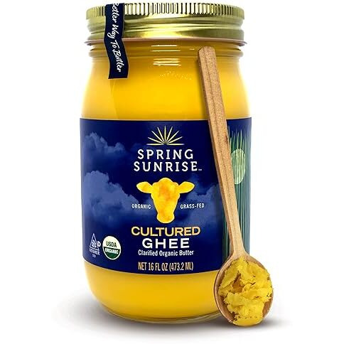 Spring Sunrise Organic Grass Fed Cultured Ghee Butter - Usda Certified Organic Clarified Butter - Paleo, Keto Friendly, Non-Gmo, Gluten, & Lactose Free Cooking Oil - Sustainably Sourced (16Oz Jar)