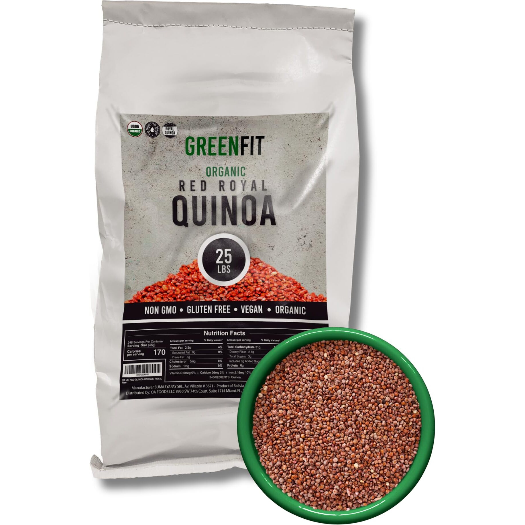 Royal Organic Red Quinoa | Oa Quinoa Now Greenfit | Non-Gmo, Gluten-Free, Vegan, And Organic | Complete Protein, High Fiber, Low-Calorie Red Quinoa | (25 Pound - Pack Of 1)