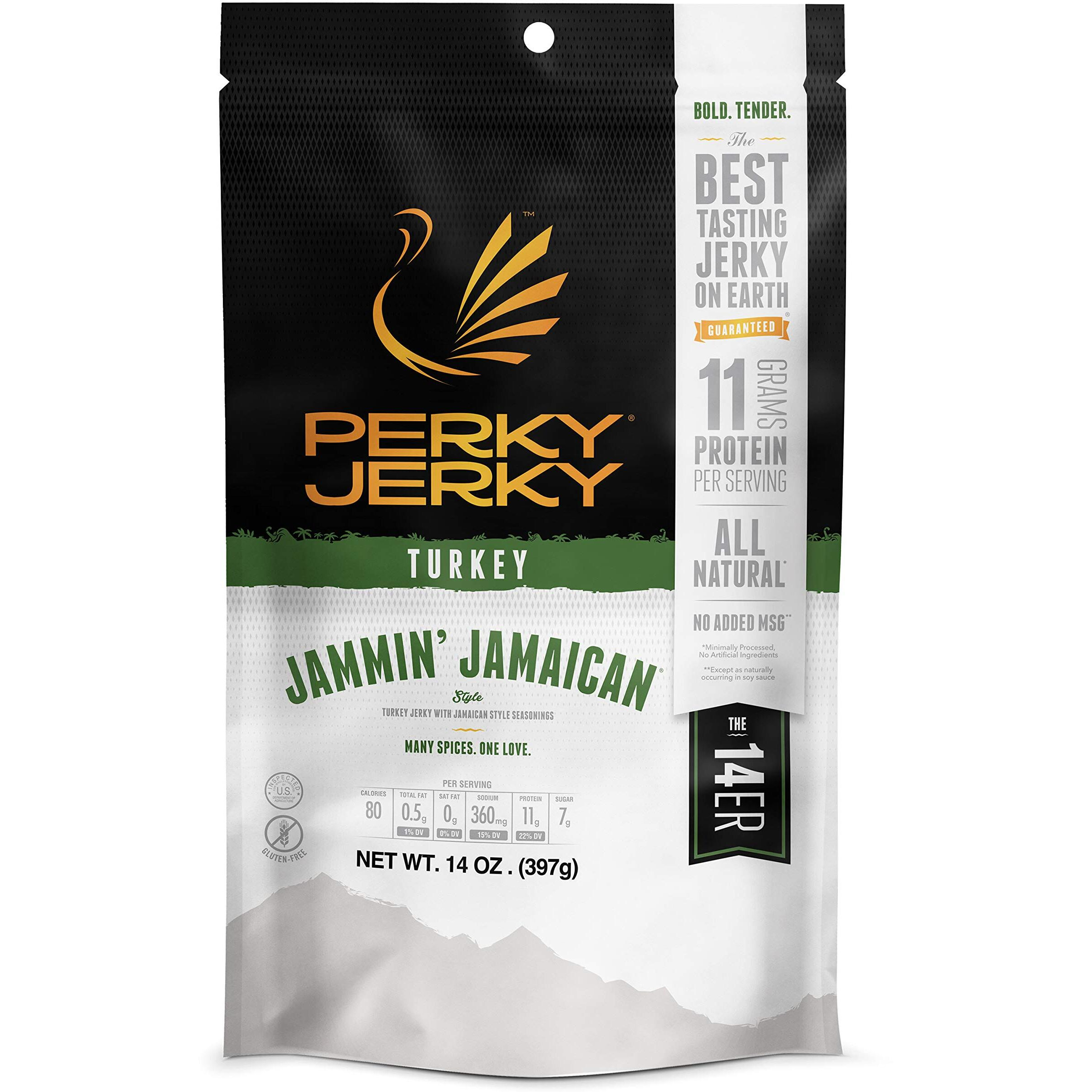 Perky Jerky Jammin' Jamaican Turkey Jerky, 14Oz - Low Sodium - 11G Protein Per Serving - Low Fat - 100% U.S. Sourced - Tender Texture And Bold Flavor