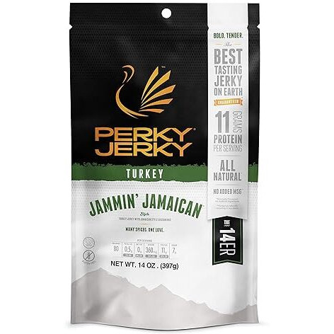 Perky Jerky Jammin' Jamaican Turkey Jerky, 14Oz - Low Sodium - 11G Protein Per Serving - Low Fat - 100% U.S. Sourced - Tender Texture And Bold Flavor