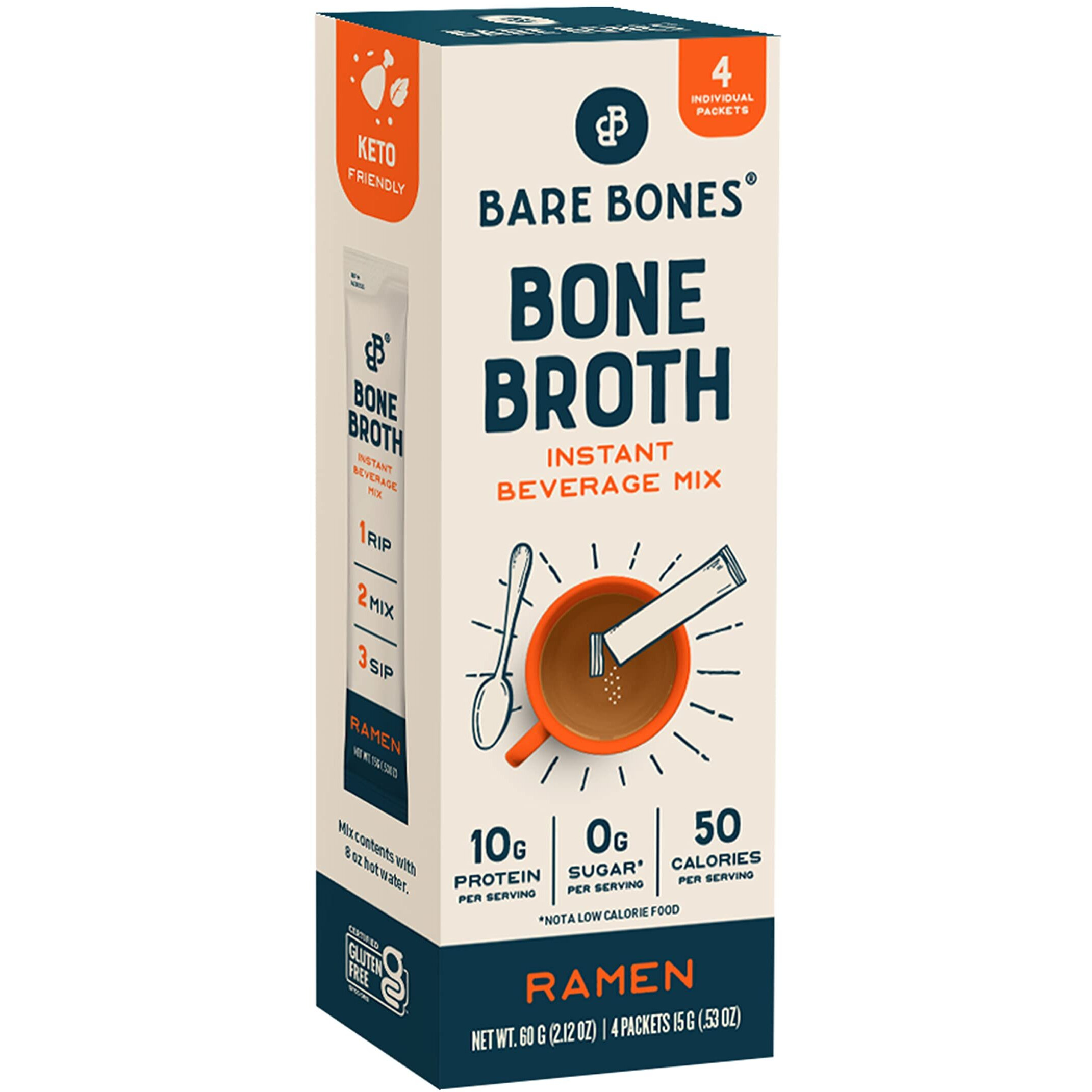 Bare Bones Bone Broth Instant Powdered Mix | Rich Savory Packets On-The-Go No Artificial Flavors | Non-Gmo Gluten-Free Dairy-Free Keto & Paleo Friendly | 15G Sticks 10G Protein | Ramen | 4 Pack
