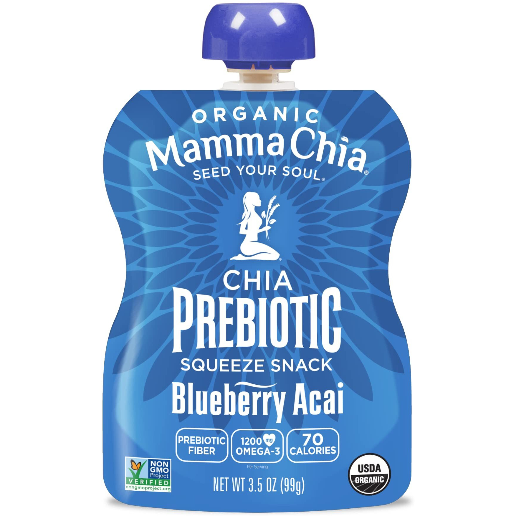 Mamma Chia Organic Prebiotic Squeeze Snack, Blueberry Acai, 16- 3.5 Ounce, Fiber-Rich Prebiotic Gut Support, Usda Organic, Non-Gmo, Vegan, Gluten Free