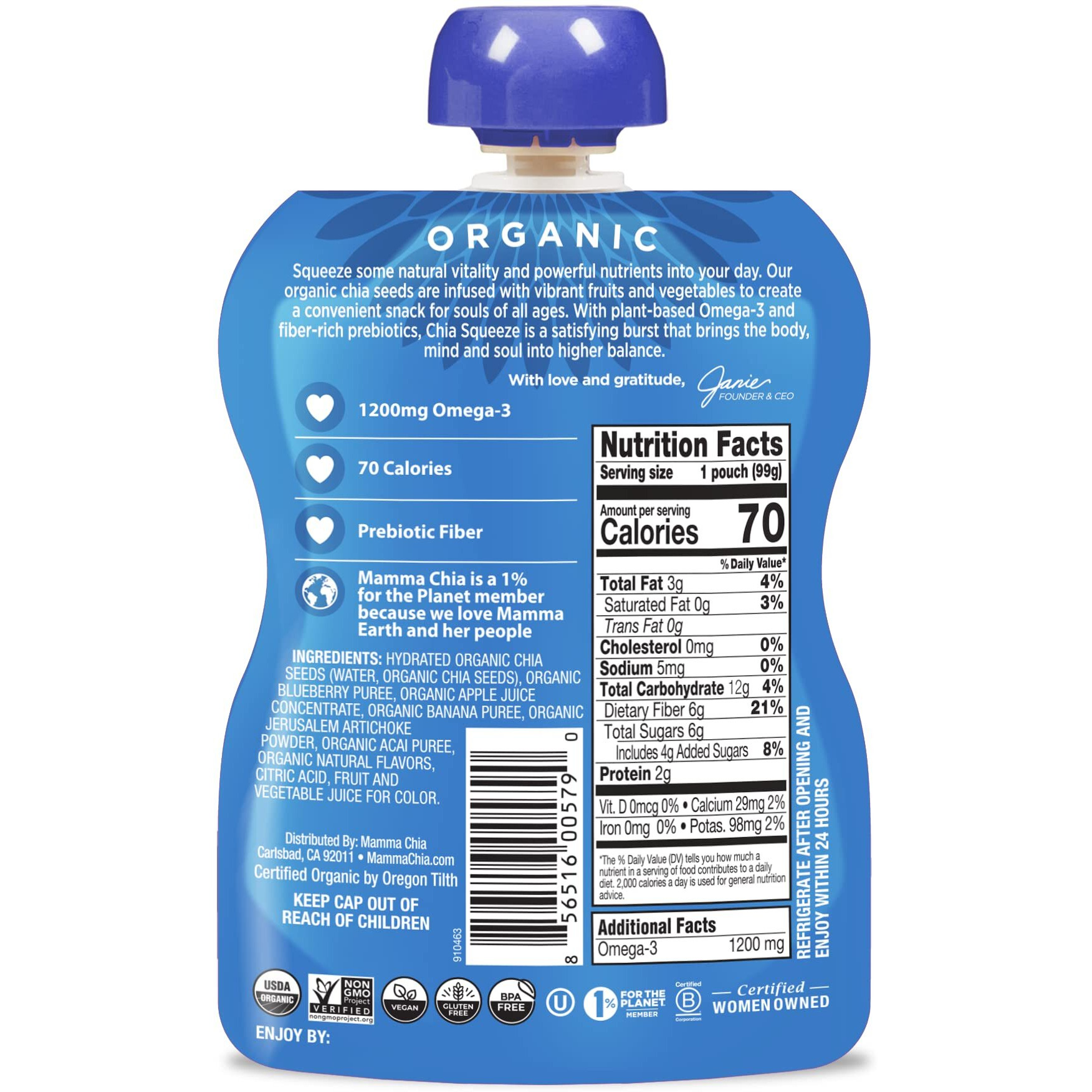 Mamma Chia Organic Prebiotic Squeeze Snack, Blueberry Acai, 16- 3.5 Ounce, Fiber-Rich Prebiotic Gut Support, Usda Organic, Non-Gmo, Vegan, Gluten Free