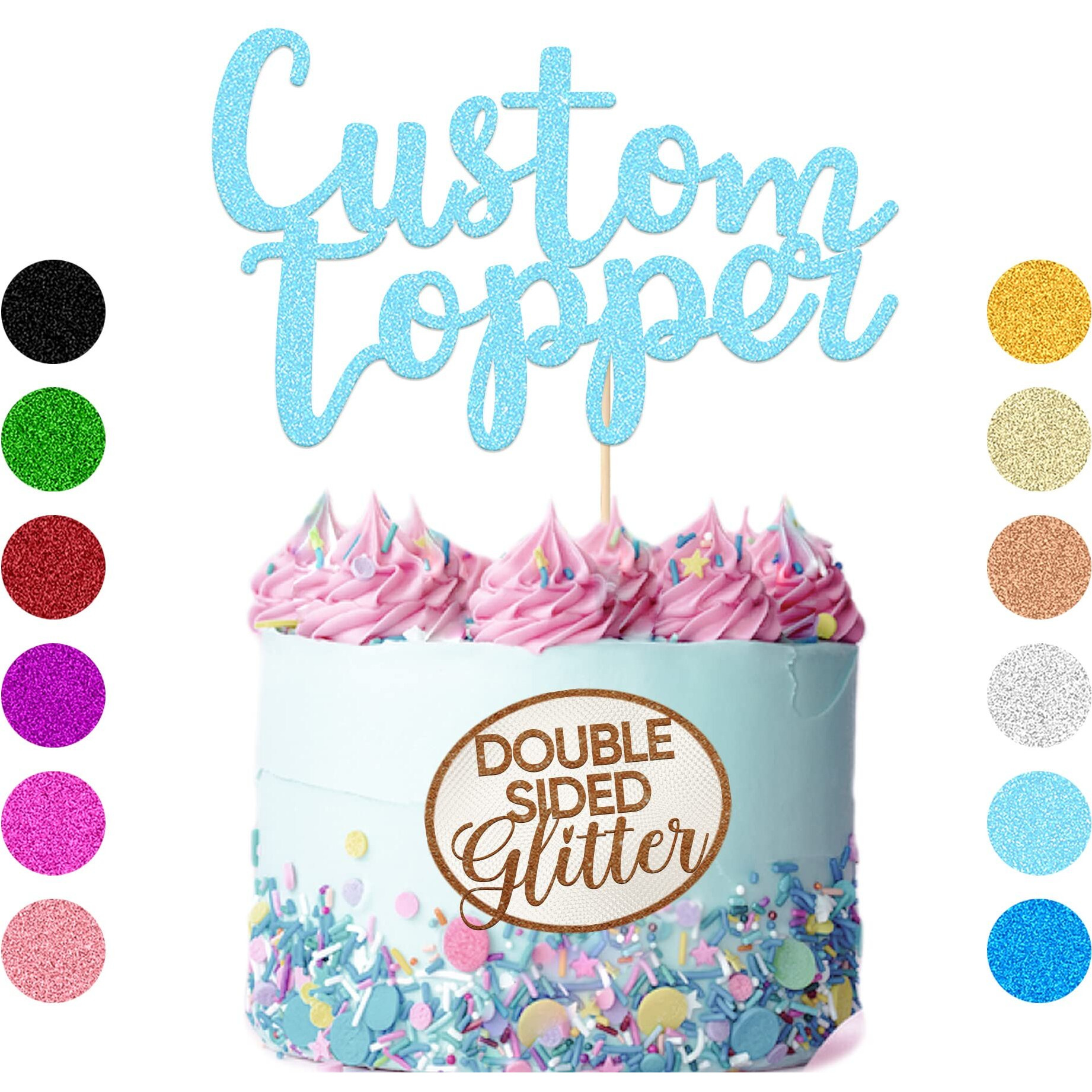 Personalized Cake Topper Birthday Cake Toppers 11 Colours Wedding Cake Topper With Any Text Numbers Double Sided Glitter Cake Decoration For Anniversary Baby Shower(Baby Blue)