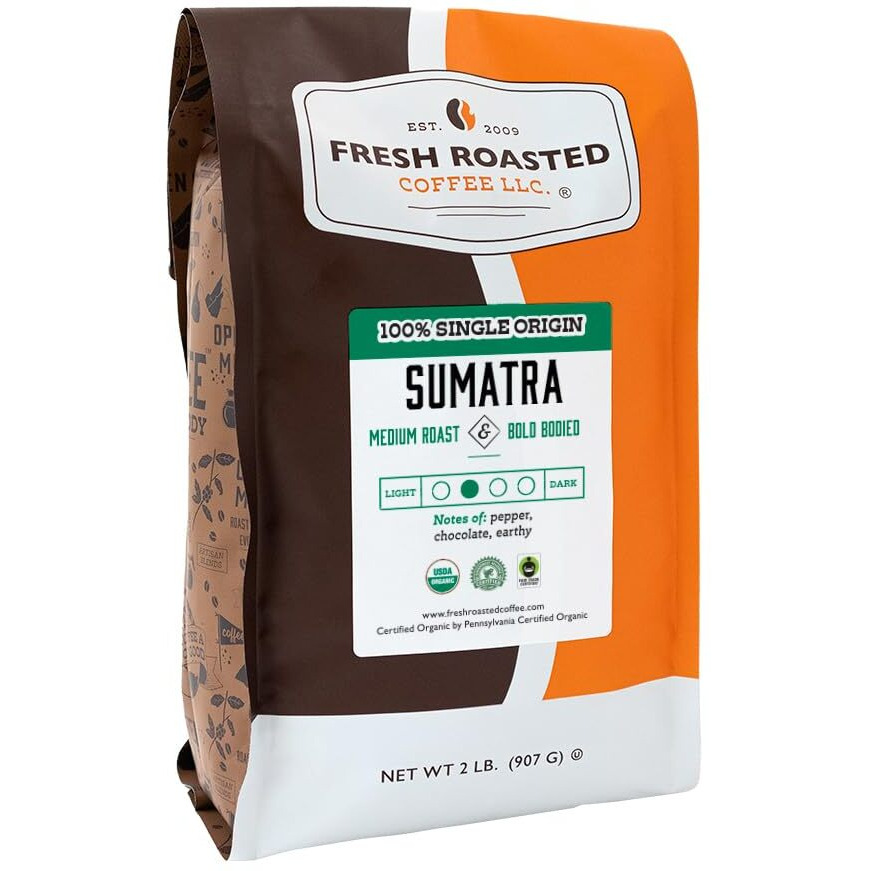 Fresh Roasted Coffee, Organic Sumatra | 2 Lb (32 Oz) |100% Single Origin | Medium Roast | Rfa Kosher | Whole Bean