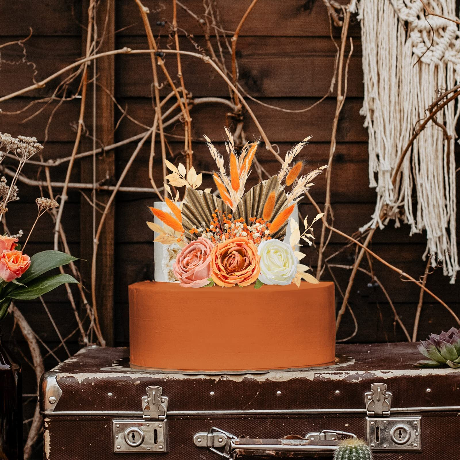 28 Pcs Boho Cake Topper Decorations Vintage Artificial Rose Flowers Leaves For Cake Decorating Kit Dried Faux Flower Decor For Bohemian Wedding Bridal Baby Shower Birthday Party Supplies (Orange)