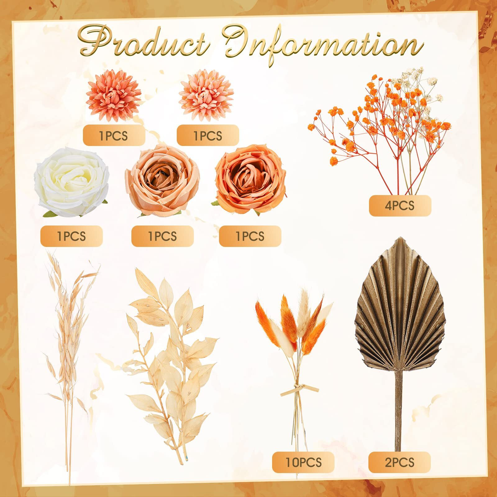 28 Pcs Boho Cake Topper Decorations Vintage Artificial Rose Flowers Leaves For Cake Decorating Kit Dried Faux Flower Decor For Bohemian Wedding Bridal Baby Shower Birthday Party Supplies (Orange)