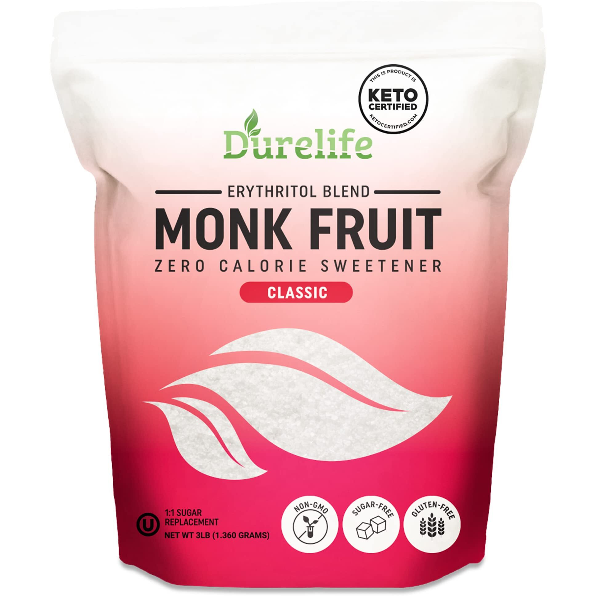 Durelife Monk Fruit Sweetener, Sugar Substitute, Keto Diet Friendly, Zero Calorie, White Sugar Substitute, Classic White - 3 Lb (Packaging May Vary)