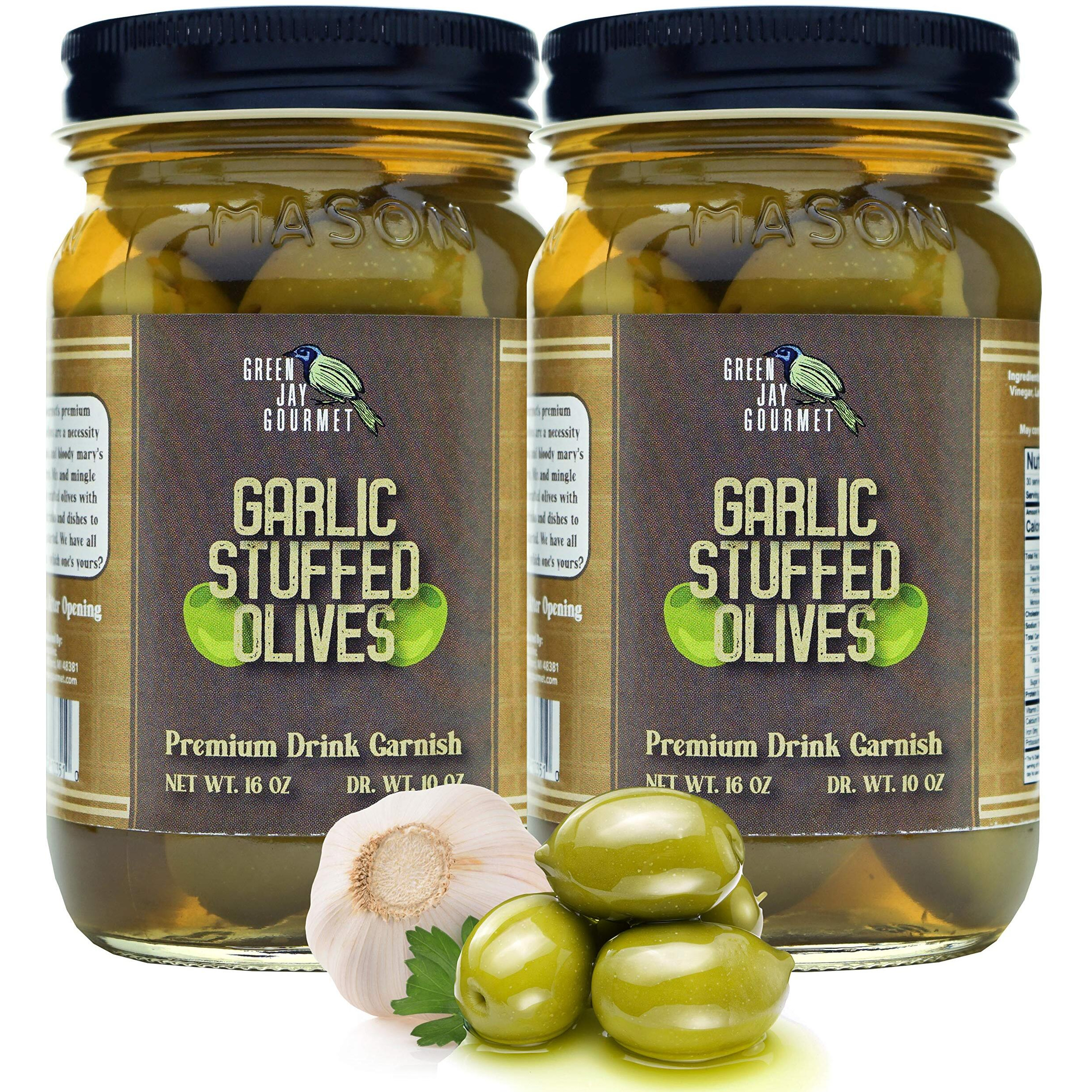 Green Jay Gourmet Garlic Stuffed Olives - Stuffed Green Olives For Cocktail Garnish & Cheese Board Recipes - Dirty Martini Olives & Cocktail Olives - Gourmet Olives - All Natural - Large - 2 X 16 Oz