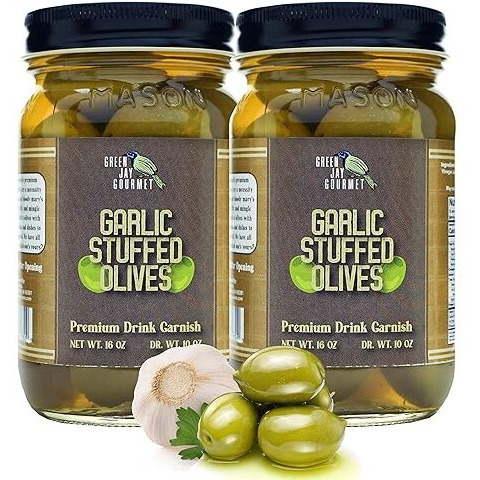 Green Jay Gourmet Garlic Stuffed Olives - Stuffed Green Olives For Cocktail Garnish & Cheese Board Recipes - Dirty Martini Olives & Cocktail Olives - Gourmet Olives - All Natural - Large - 2 X 16 Oz