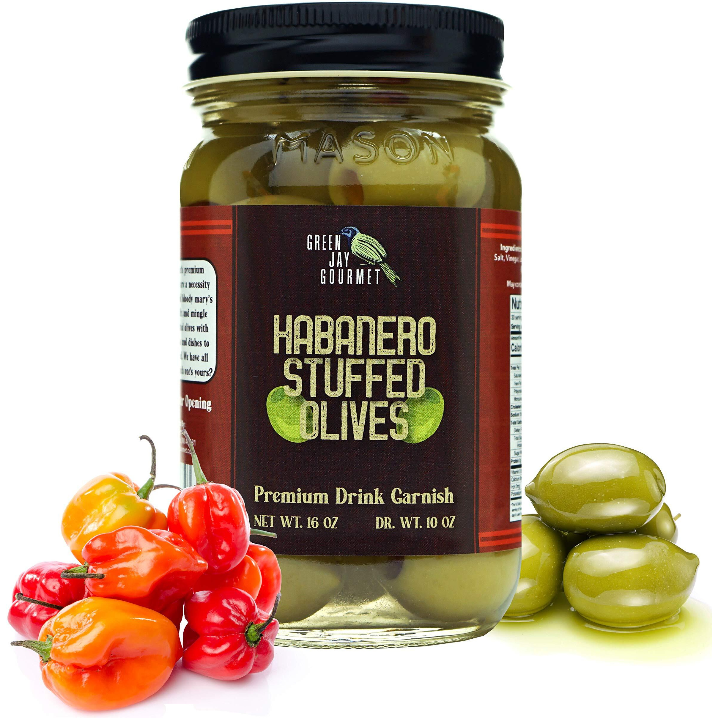 Green Jay Gourmet Habanero Stuffed Olives - Stuffed Green Olives For Cocktail Garnish  Cheese Board Recipes - Dirty Martini Olives  Cocktail Olives - Gourmet Olives - All Natural - Large - 16 Ounces