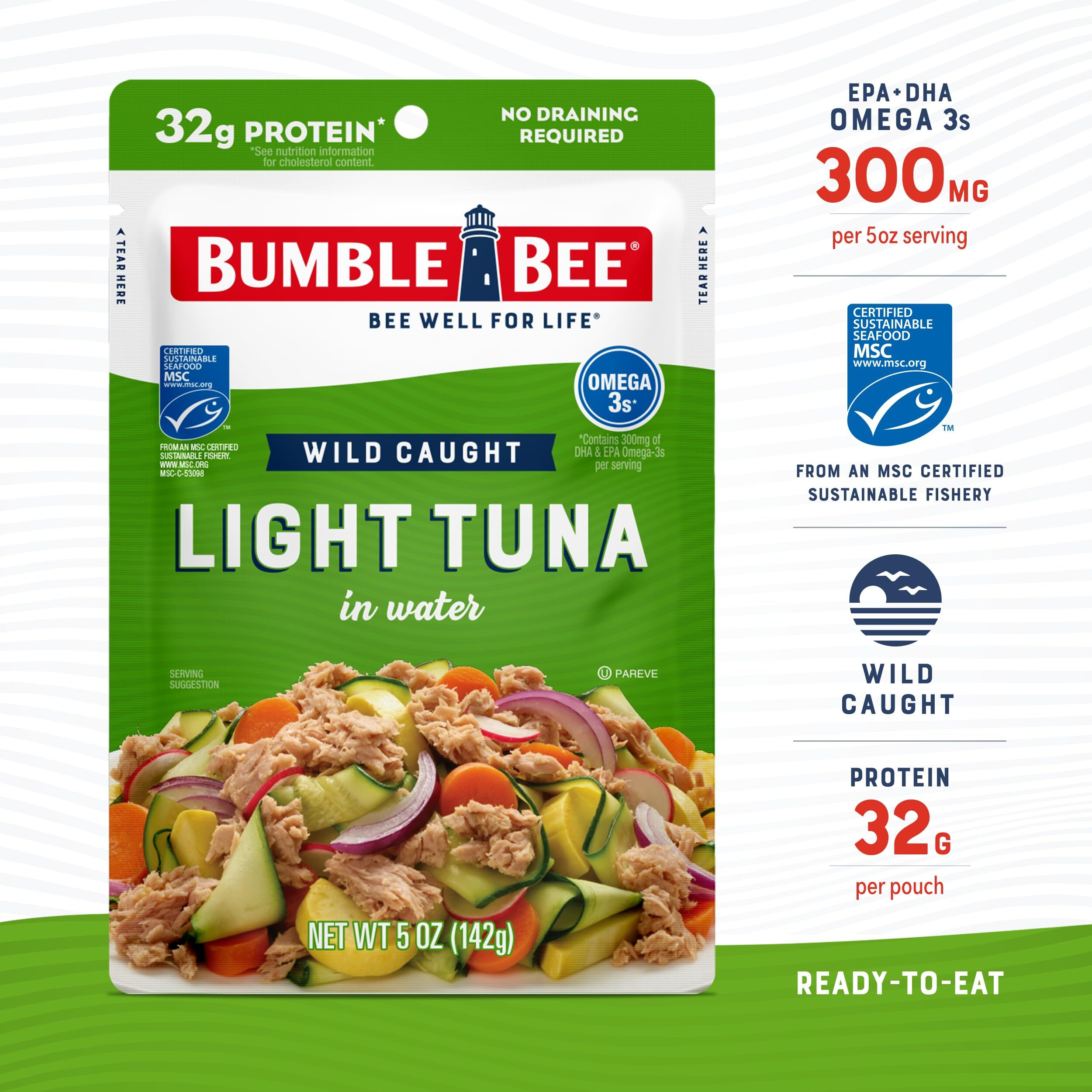 Bumble Bee Chunk Light Tuna In Water, 5 Oz Pouches (Pack Of 12) - Ready To Eat Wild Caught Skipjack Tuna Packet - 32G Protein Per Pouch - Msc Sustainable Seafood, Non-Gmo, Gluten Free, Kosher