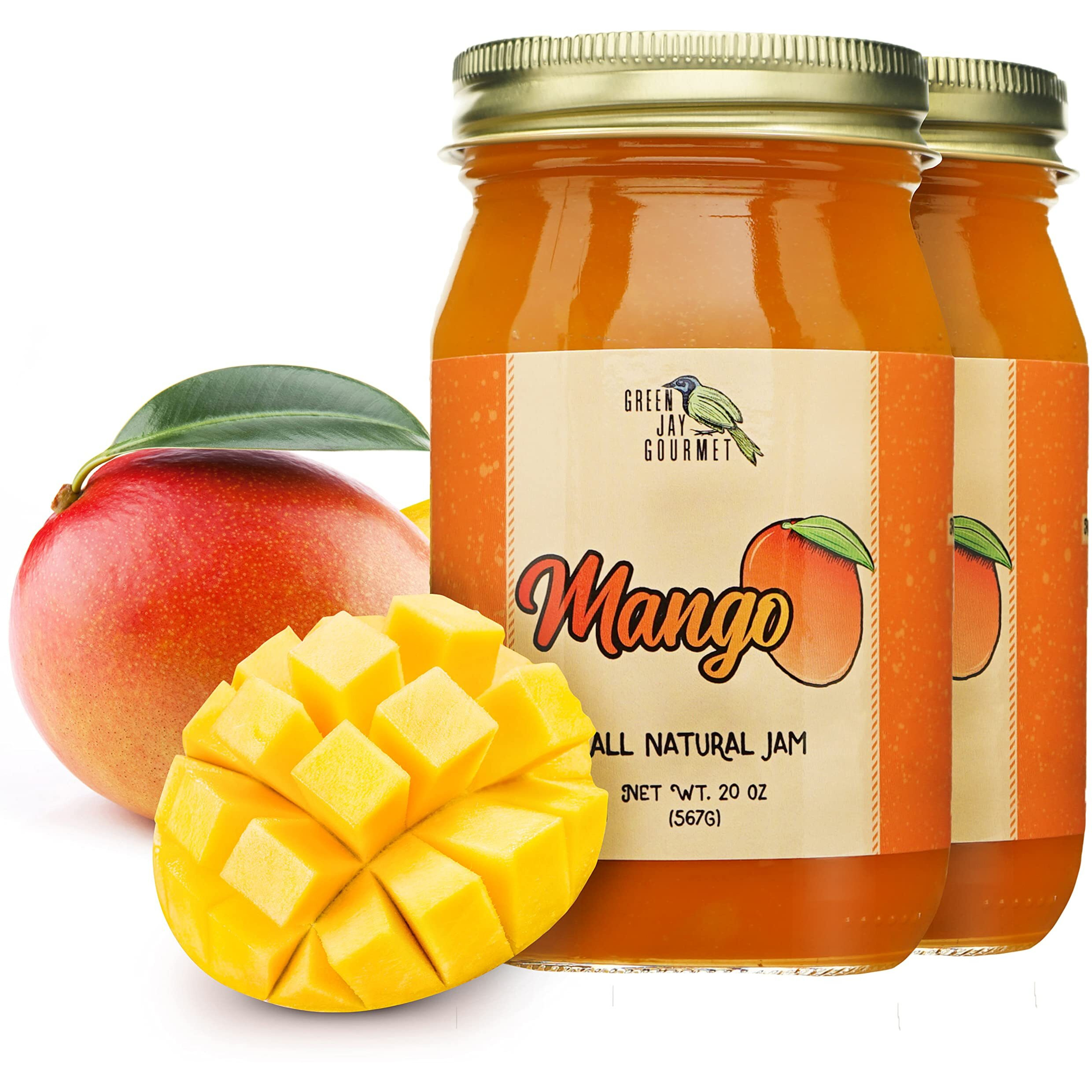 Green Jay Gourmet Mango Jam - All-Natural Fruit Jam With Mango & Lemon Juice - Vegan, Gluten-Free Jam - Contains No Preservatives Or Corn Syrup - Made In Usa - 2 X 20 Ounces