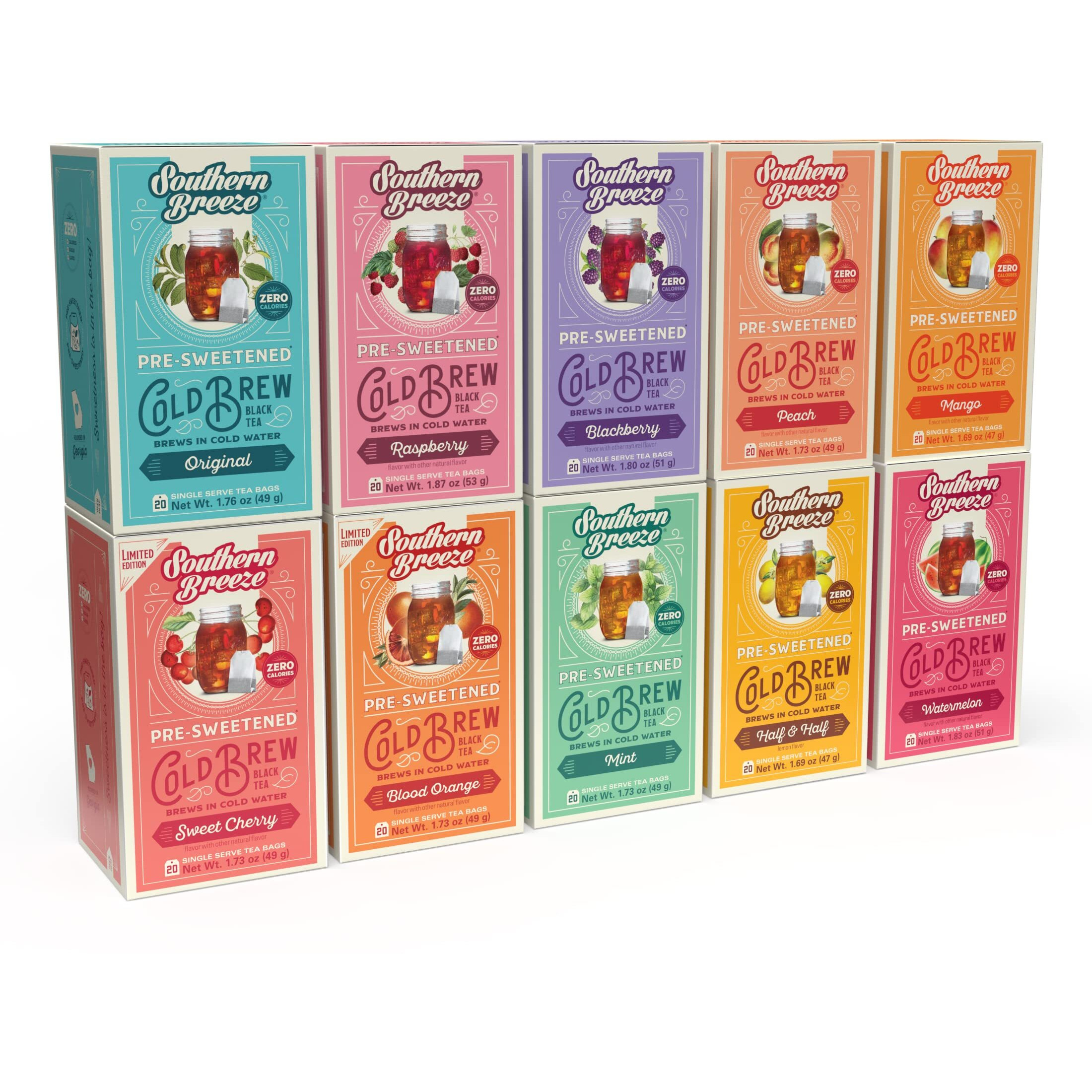 Southern Breeze Cold Brew Sweet Tea Variety Pack Iced Tea With Black Tea And Zero Carbs Zero Sugar, 20 Individually Wrapped Tea Bags, Pack Of 10