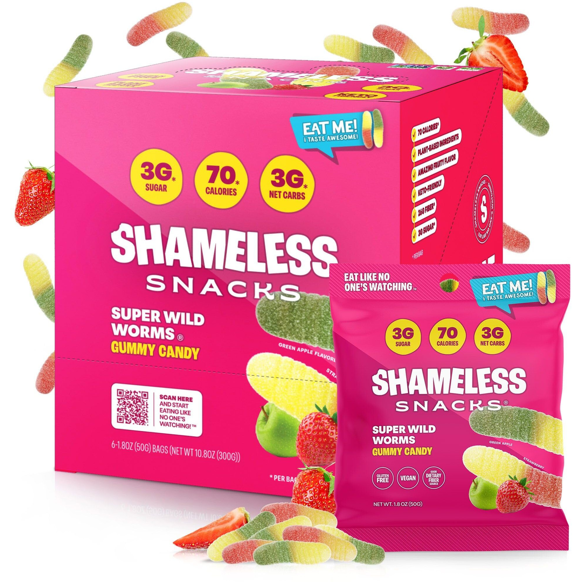 Shameless Snacks - Healthy Low Calorie Snacks, Low Carb Keto Gummies (Gluten Free Candy) - 6 Pack Wild Worms