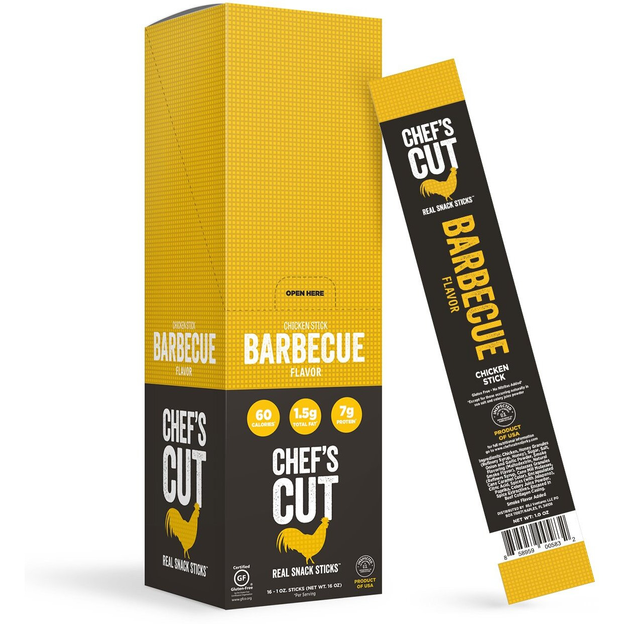 Chef's Cut Chicken Snack Sticks, Barbecue, High Protein Meat Snack, Individually Wrapped, 7G Protein And 60 Calories, Gluten Free - 1 Ounce (Pack Of 16)