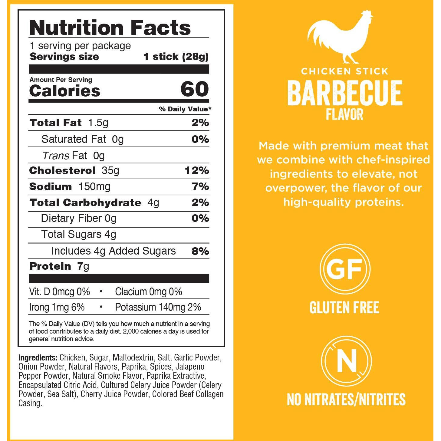 Chef's Cut Chicken Snack Sticks, Barbecue, High Protein Meat Snack, Individually Wrapped, 7G Protein And 60 Calories, Gluten Free - 1 Ounce (Pack Of 16)