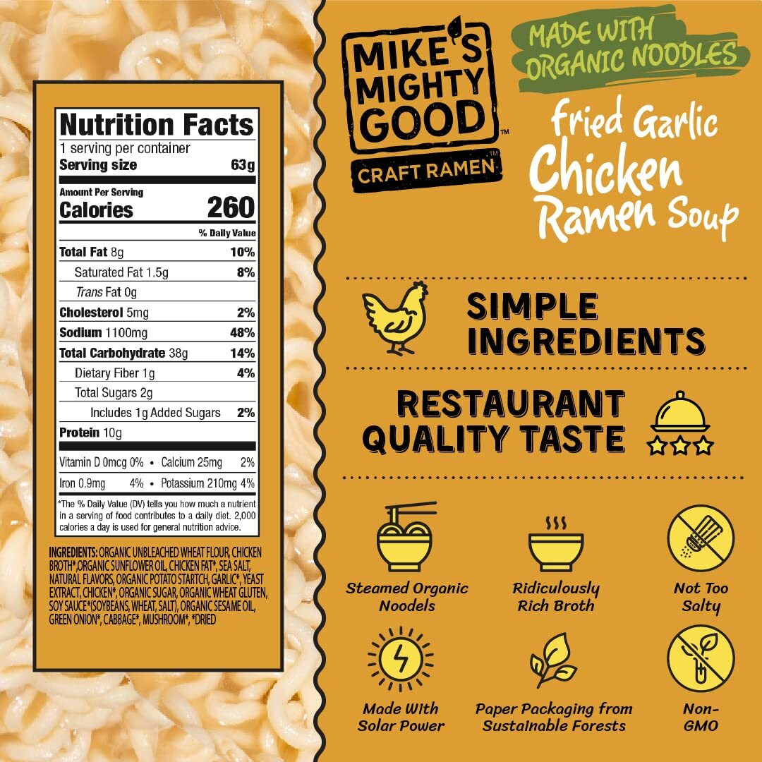 Mike's Mighty Good Ramen Chicken Noodle Soup Pillow Pack - Fried Garlic Chicken Ramen - Instant Ramen Noodles - Organic Non-Gmo Instant Noodle - 2.2 Ounces - 7 Pack