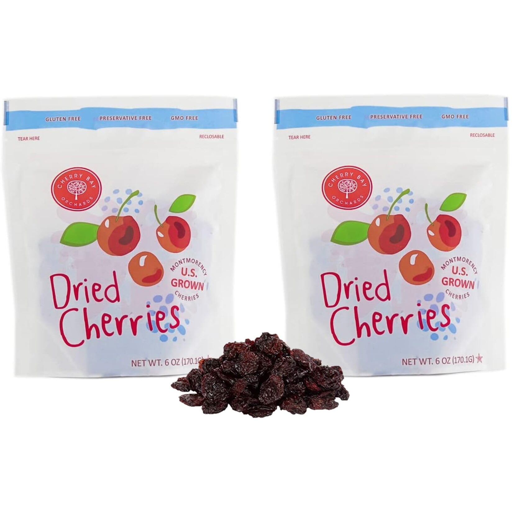 Cherry Bay Orchards - Dried Montmorency Tart Cherries - Pack Of Two 6Oz Bags (Total 12Oz) - 100% Domestic, Natural, Kosher Certified, Gluten-Free, And Gmo Free - Packed In A Resealable Pouch