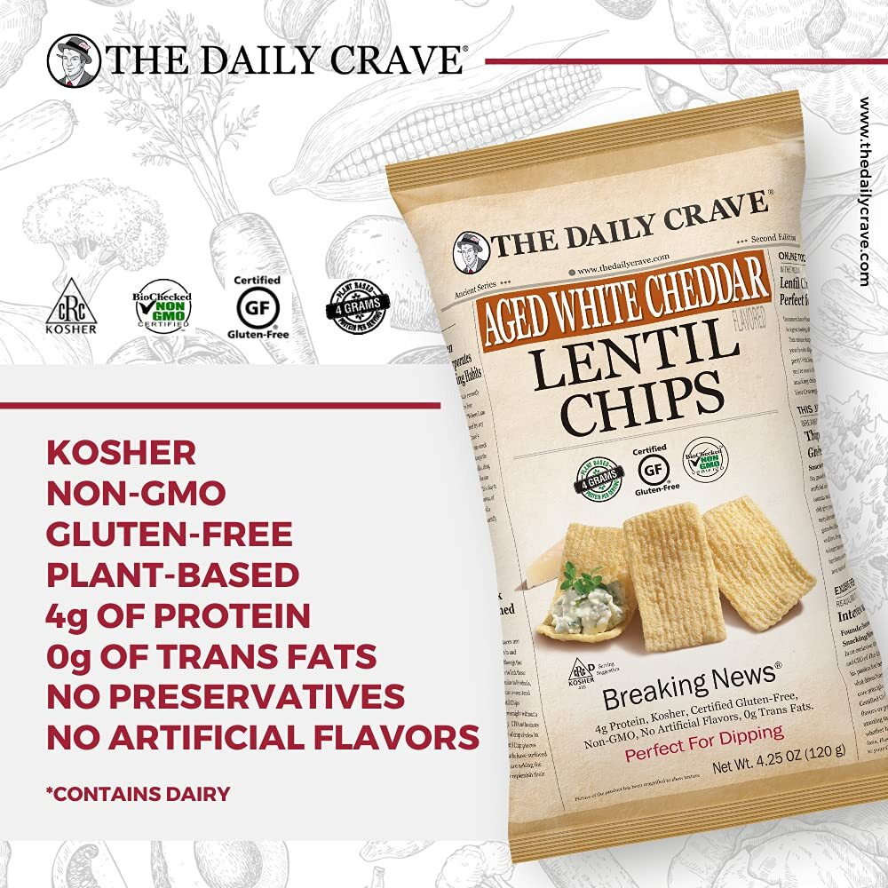 The Daily Crave Aged White Cheddar Lentil Chips - 4 G Protein, Gluten-Free, Non-Gmo, Kosher, Crunchy, 4.25 Ounce (Pack Of 8)