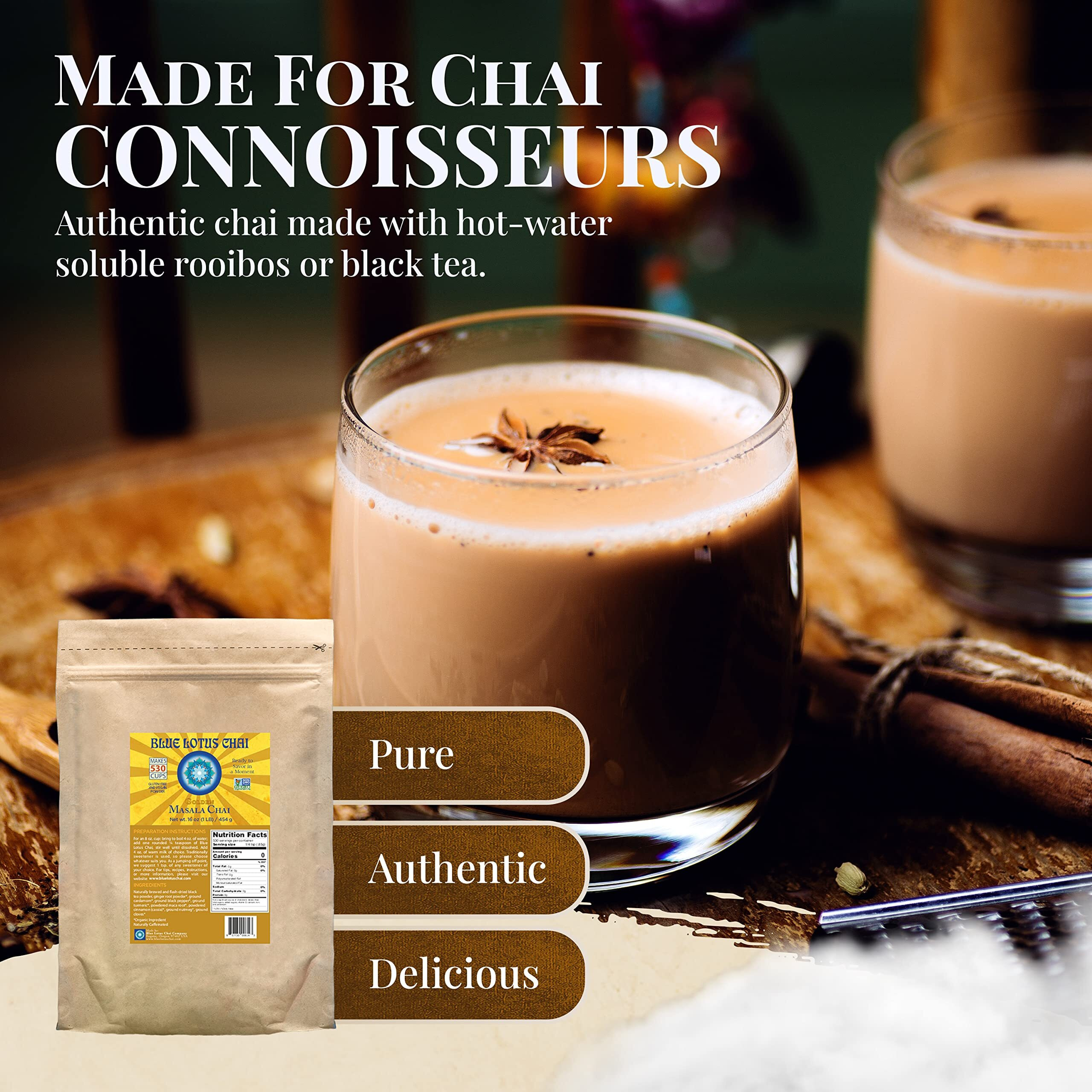 Blue Lotus Chai - Golden Masala Chai - Makes 530 Cups - 1 Pound Bulk Bag Masala Spiced Chai Powder With Organic Spices - Instant Indian Tea No Steeping - No Gluten