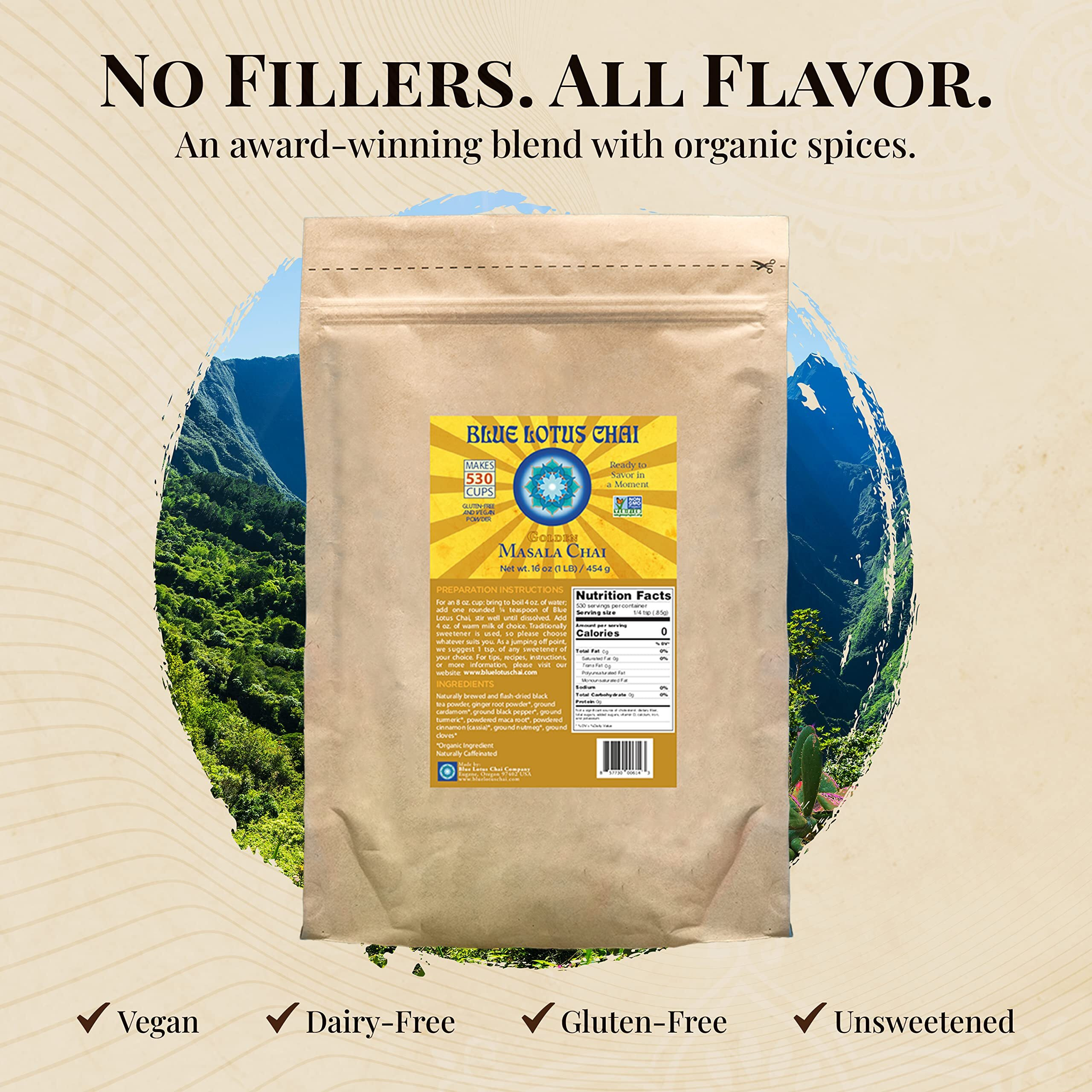 Blue Lotus Chai - Golden Masala Chai - Makes 530 Cups - 1 Pound Bulk Bag Masala Spiced Chai Powder With Organic Spices - Instant Indian Tea No Steeping - No Gluten