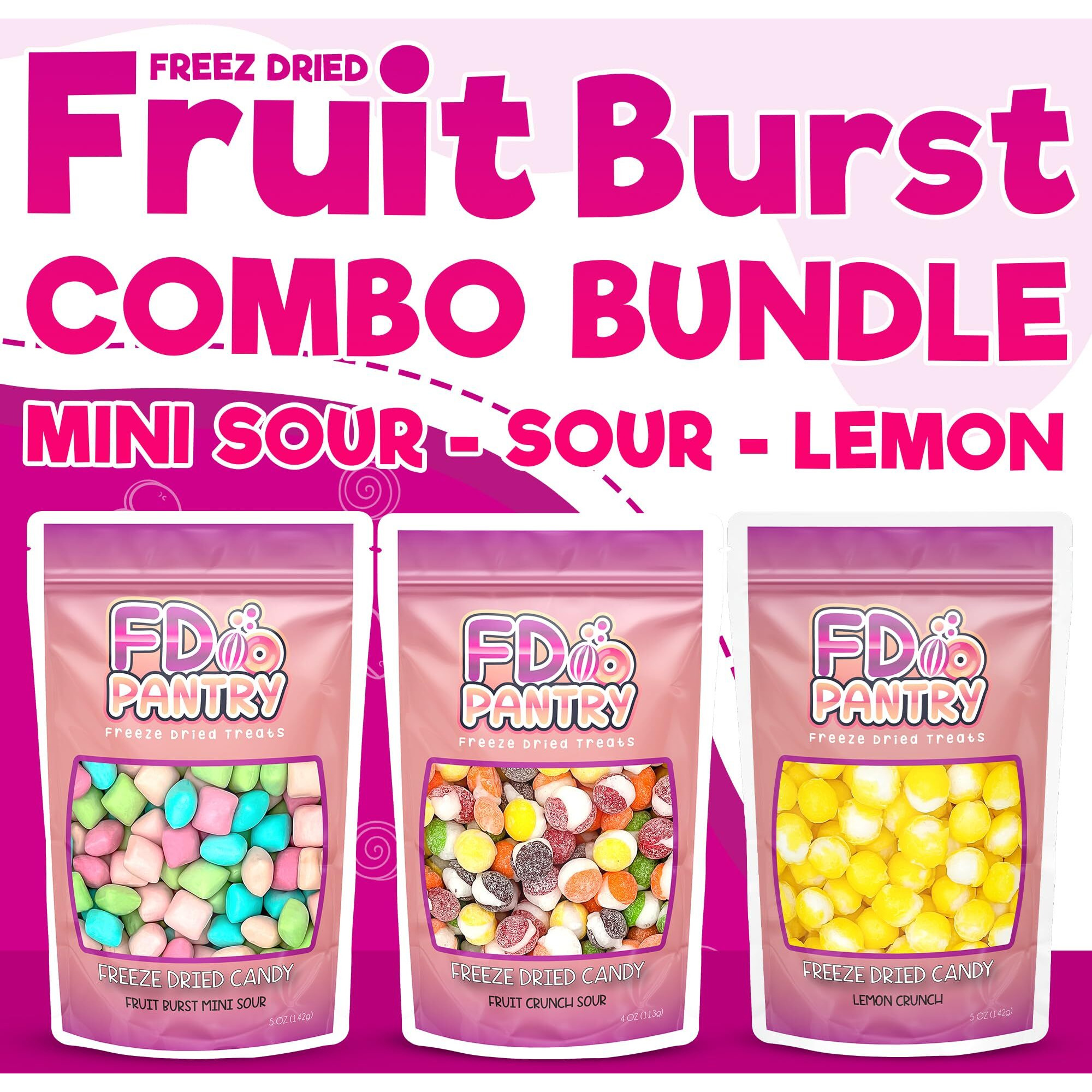 Freeze Dried Candy 3 Pack - Fruit Crunch Sour, Lemon Crunch, Fruit Burst Mini Sour Variety Gift Bundle | 4-5 Oz - 3 Pack | Treat Snack Sampler Set Assortment
