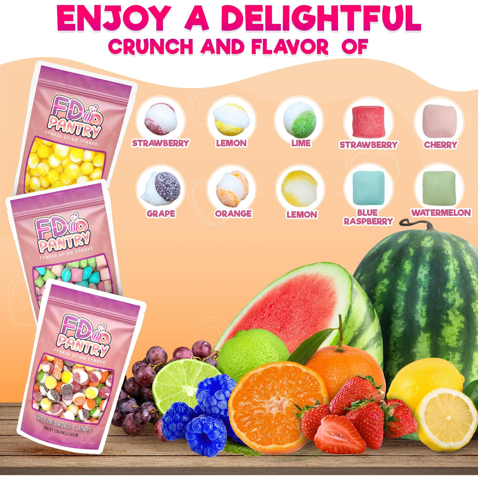 Freeze Dried Candy 3 Pack - Fruit Crunch Sour, Lemon Crunch, Fruit Burst Mini Sour Variety Gift Bundle | 4-5 Oz - 3 Pack | Treat Snack Sampler Set Assortment