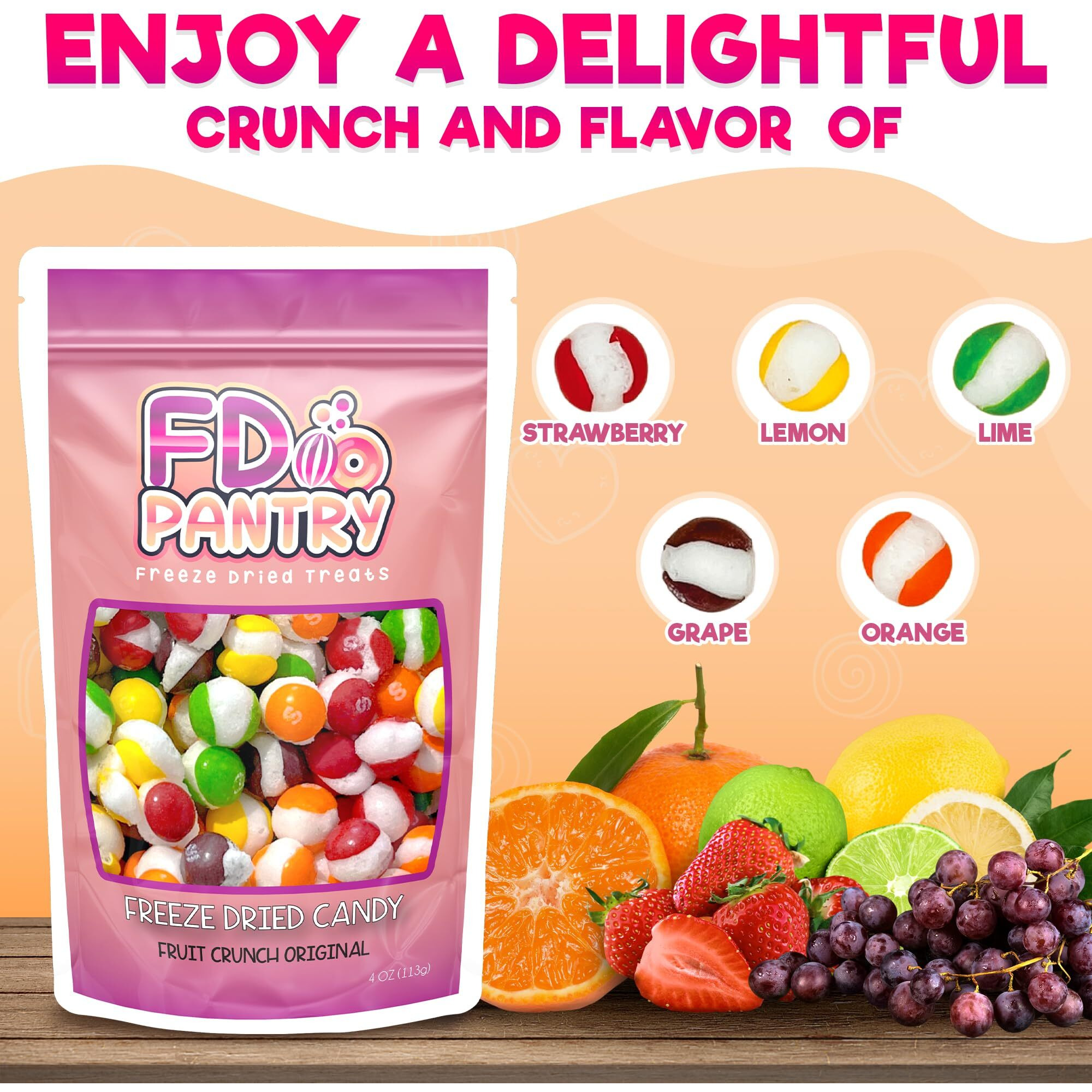 Freeze Dried Candy, Fruit Crunch Original, 4 Oz, 2 Pack, Assorted Strawberry, Orange, Lemon, Grape, Lime Flavors, Bag Pouch, Ideal Gift Snack