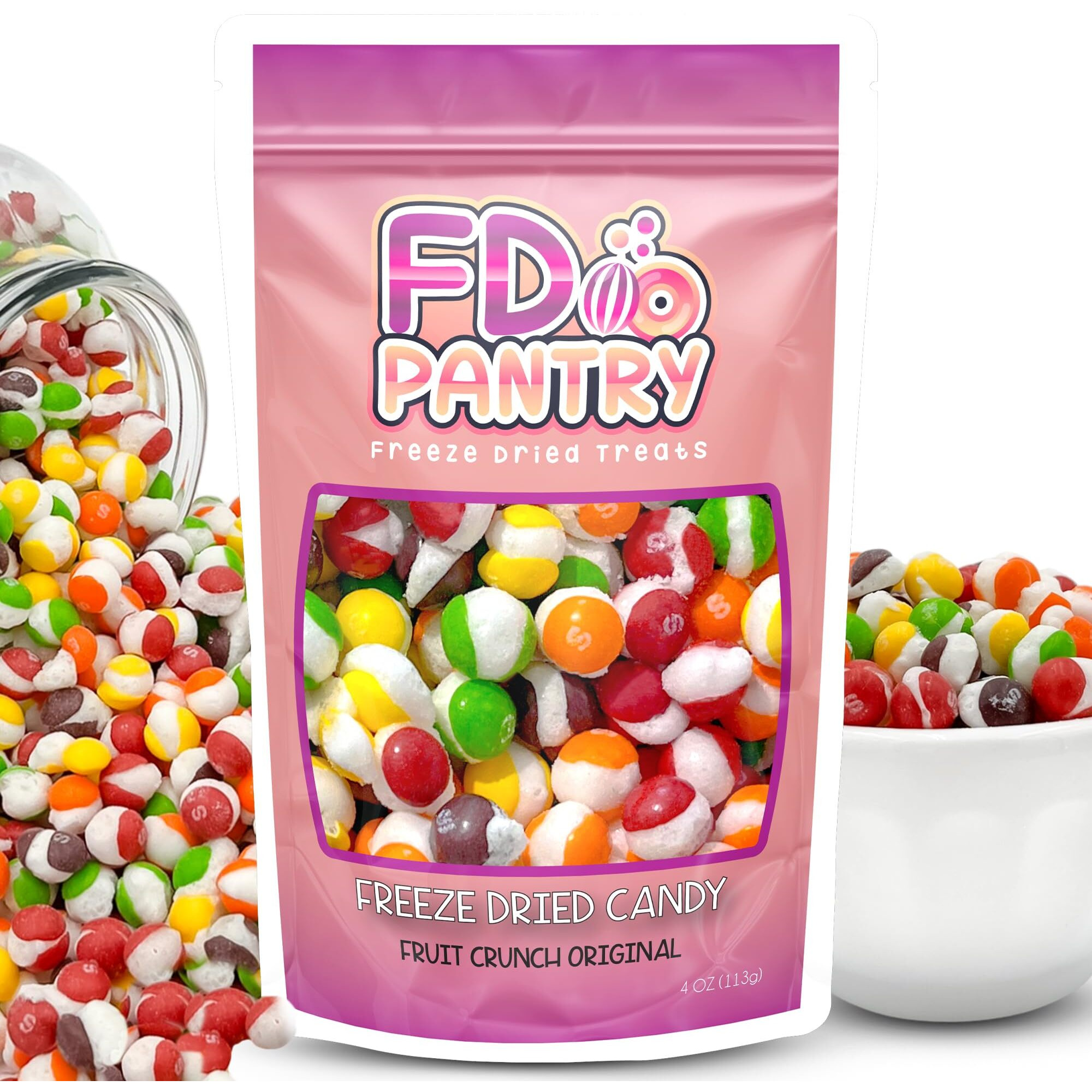 Freeze Dried Candy, Fruit Crunch Original, 4 Oz, Assorted Strawberry, Orange, Lemon, Grape, Lime Flavors, Bag Pouch, Ideal Gift Snack