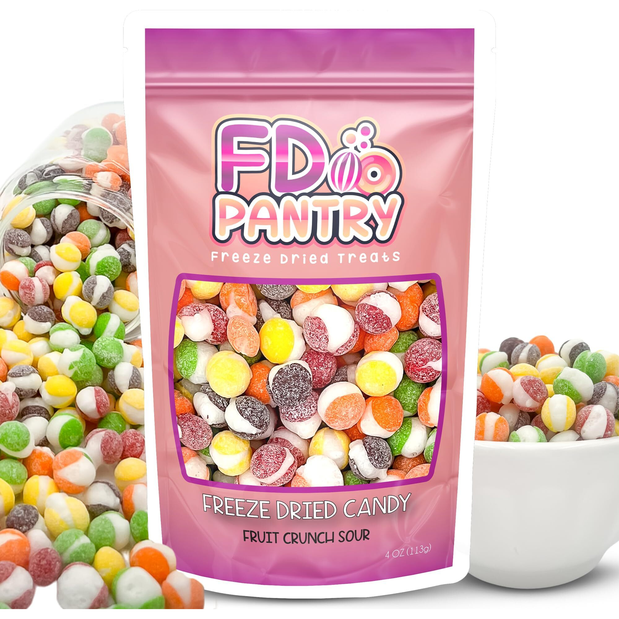 Freeze Dried Candy, Fruit Crunch Sour, 4 Oz, Assorted Strawberry, Orange, Lemon, Grape, Lime Flavors, Bag Pouch, Ideal Gift Snack