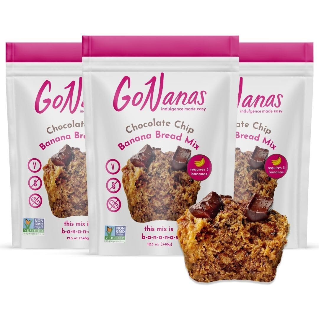 Gonanas Chocolate Chip Oat Flour Banana Bread Mix, Suitable For Plant Based Vegan Diets, Gluten Free Dairy Free Snacks, Healthy Snacks For Adults, Muffin Mix, Nut Free, Cupcakes Dessert, Non-Gmo, 3Pk
