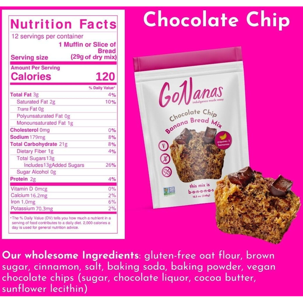 Gonanas Chocolate Chip Oat Flour Banana Bread Mix, Suitable For Plant Based Vegan Diets, Gluten Free Dairy Free Snacks, Healthy Snacks For Adults, Muffin Mix, Nut Free, Cupcakes Dessert, Non-Gmo, 3Pk