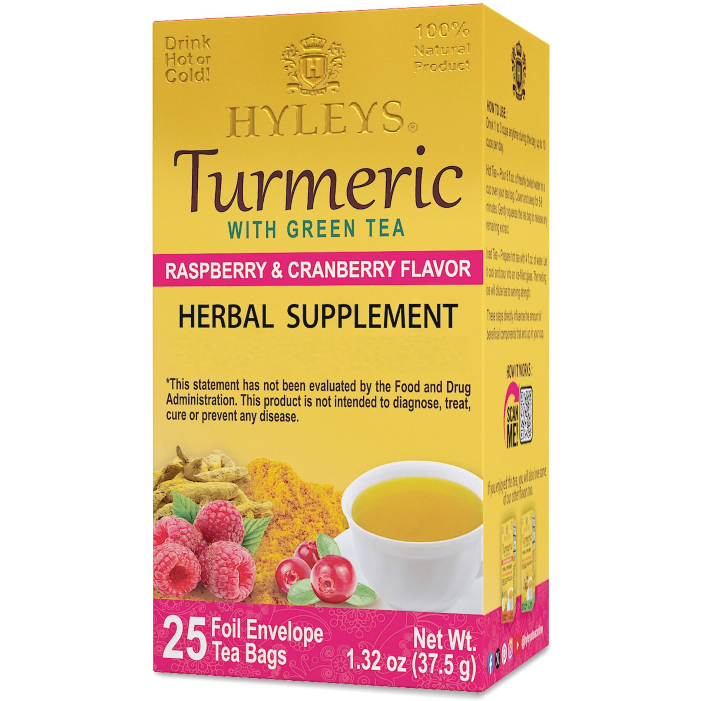 Hyleys Turmeric & Green Tea With Raspberry & Cranberry Flavors - Antioxidant Rich Herbal Tea - 25 Tea Bags (12 Pack - 300 Tea Bags Total)