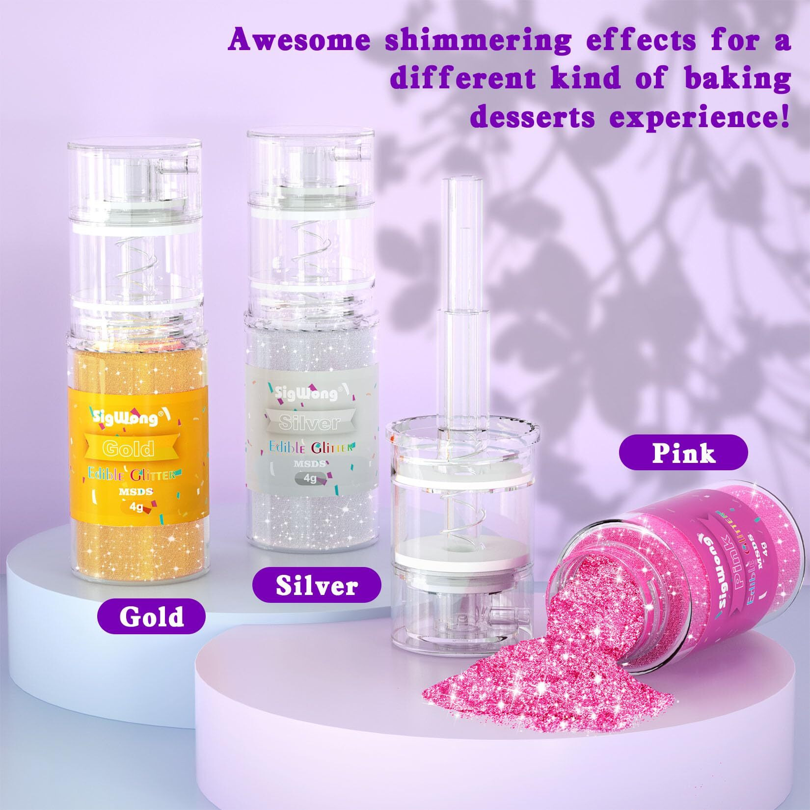 Edible Glitter Spray Set - 100% Edible Glitter For Cakes, Cupcakes, Cake Pops, Drinks, Chocolate, Strawberries, Cookies, Food Grade Coloring Glitter, Gold, Silver, Pink (4G/Bottle)