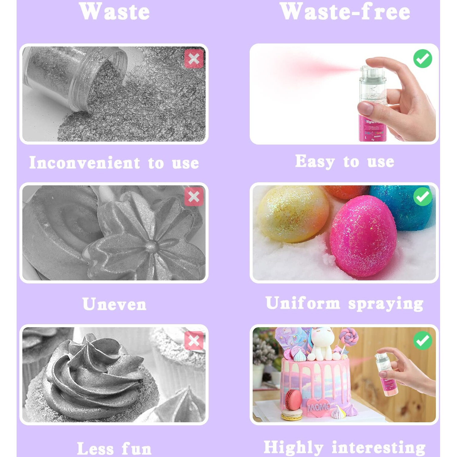 Edible Glitter Spray Set - 100% Edible Glitter For Cakes, Cupcakes, Cake Pops, Drinks, Chocolate, Strawberries, Cookies, Food Grade Coloring Glitter, Gold, Silver, Pink (4G/Bottle)